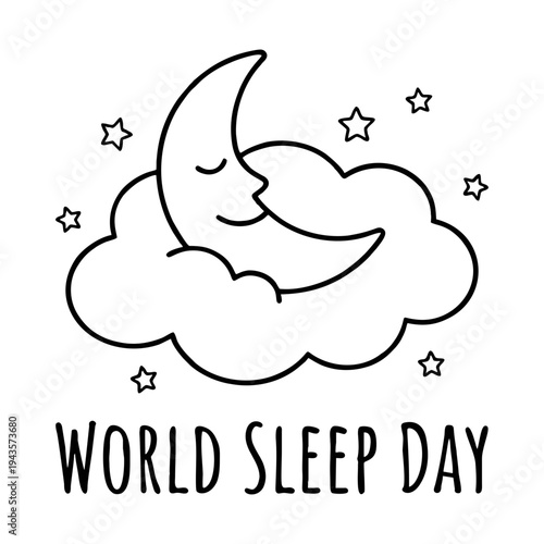 Cartoon sleeping moon resting on a cloud with stars, isolated transparent PNG