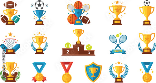 Flat vector illustration of sports trophies, medals, and awards, representing achievement, competition, and victory in various sports.