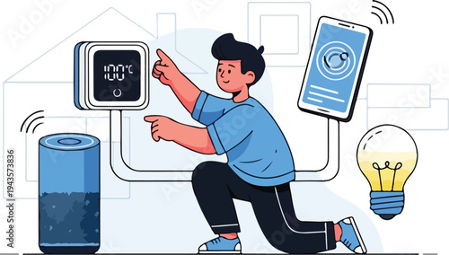 A person interacting with smart home devices a thermostat phone lightbulb and speaker