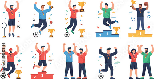 Flat vector illustration of athletes celebrating victories, receiving trophies, medals, and achieving success in sports competitions.