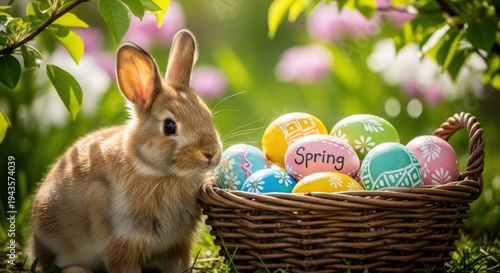 Adorable bunny with colorful Easter eggs in basket outdoors
