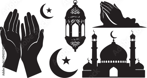Ramadan Kareem Islamic Symbols and Silhouettes Vector Illustration Set