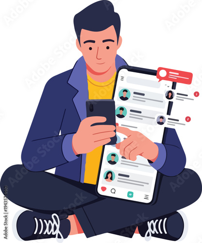 A person sits holding a small phone and a large tablet displaying a messaging app