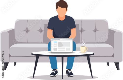 A person sits on a sofa using a laptop on a table with a coffee cup