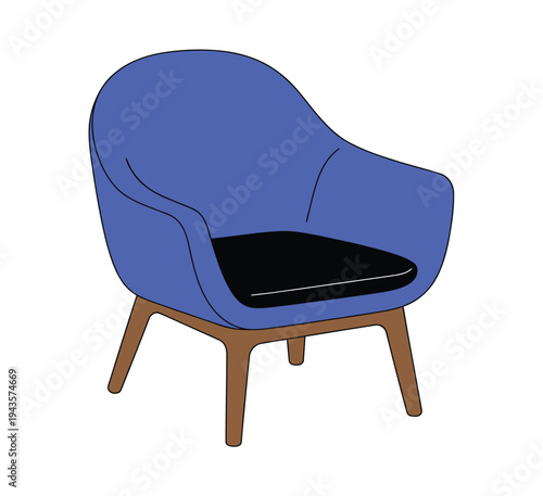 Blue upholstered armchair rests on wooden.