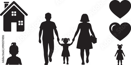 Family Silhouette with Heart and House Symbols Vector Graphic