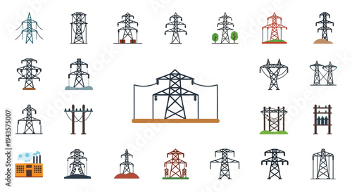 Collection of diverse electrical power transmission towers and substation icons