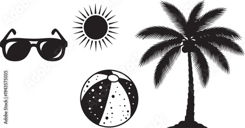 Black and white beach vacation icons and symbols illustration