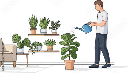 A person waters a potted plant with a blue watering can Several potted plants sit near a sofa
