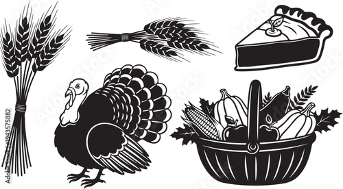 Thanksgiving icons including turkey, wheat, and pumpkin basket illustration
