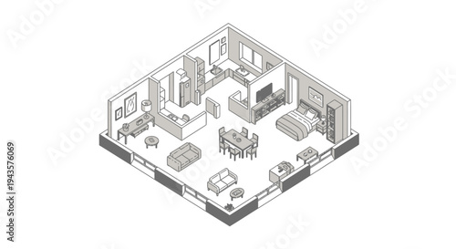 Isometric illustration of a modern apartment s interior layout and furnishings