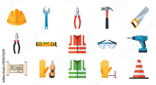 Construction tools and safety equipment arranged in a flat lay style