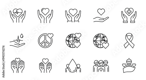Collection of line art icons representing care health and compassion