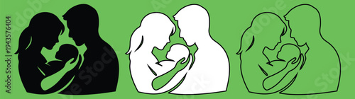 Family silhouette embracing baby on green background