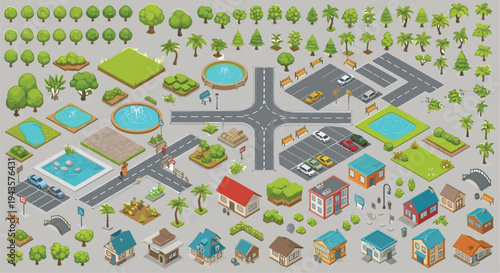 Detailed isometric city park and road layout with various elements