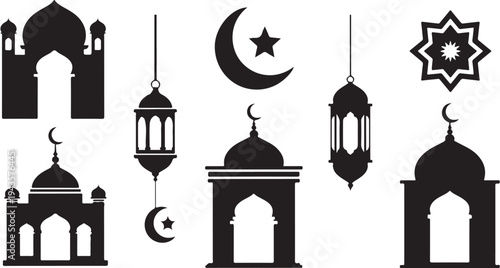 Islamic Architecture Silhouettes with Lanterns and Crescent Moon Symbols