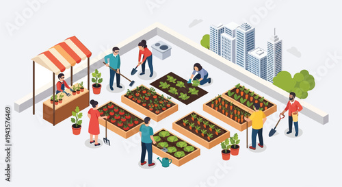 Rooftop community garden with people tending to plants and produce