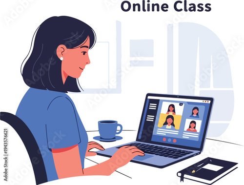 A person with dark hair is attending an online class on a laptop A notebook and cup are on the desk