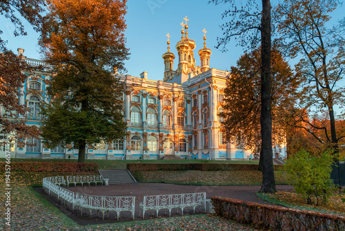 Catherine Palace and the palace church in the Catherine Park of Tsarskoye Selo on a sunny autumn morning, Pushkin, St. Petersburg, Russia 