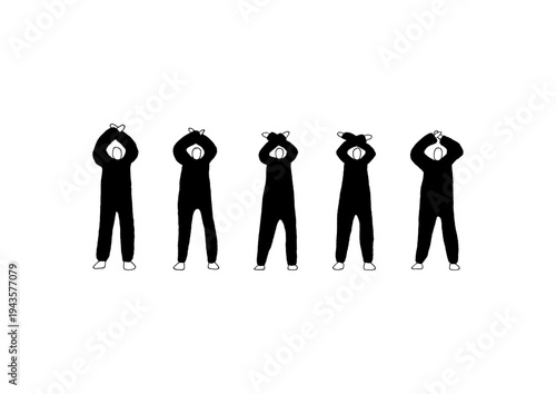 頭の上でバツを作る人物のゆるい手描きイラストセット（黒）