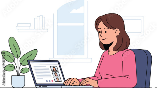 A woman in pink uses a laptop video conference call on screen Theres a plant  window