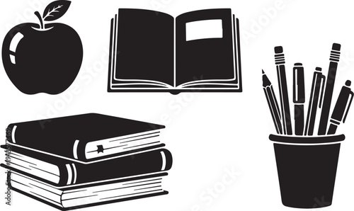 School Supplies and Books Icon Set in Black White