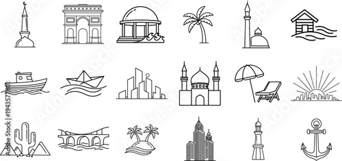A collection of 15 unique black and white line drawings of various landmarks and symbols