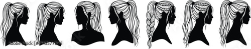 Female hairstyle silhouette collection set with ponytail braid and long hair profiles isolated on white background, beauty fashion design, cad drawing flat vector illustration