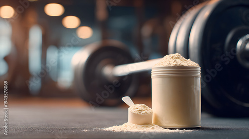 Protein powder supplement in gym setting.