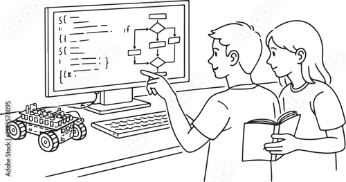 Two children learning coding and robotics with computer and robot vector illustration