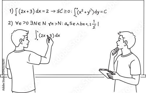 Two male students solving math problems on a whiteboard, black and white vector illustration