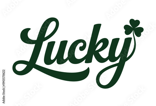 Elegant script text spelling lucky with shamrock.