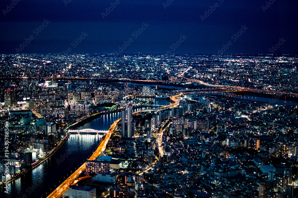 Fototapeta premium High angle aerial view of Tokyo city skyline and Sumida river at night with glowing city lights