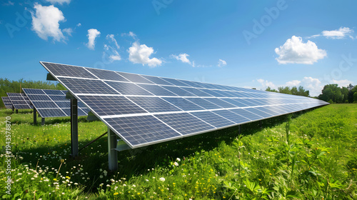 Solar panels in green field.