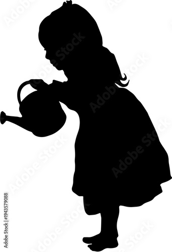 Silhouette of a little girl holding a watering can, gardening activity minimalist vector illustration.