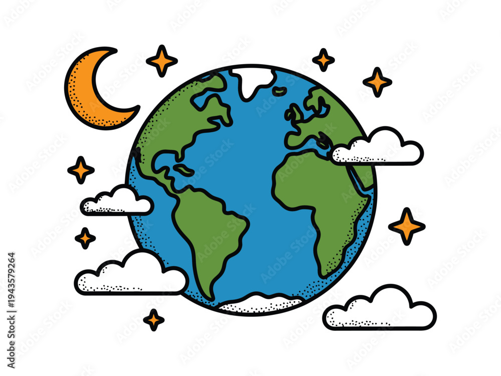 Naklejka premium Planet Earth rotates surrounded by clouds and moon.