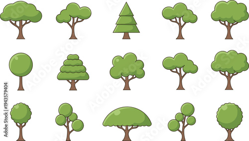 Cartoon green tree collection in flat vector style, various forest trees isolated set for nature design, landscaping elements, woodland graphics and eco environment illustration