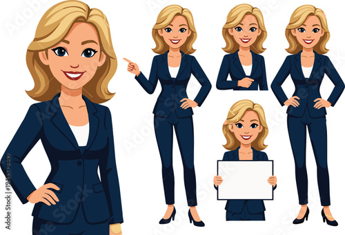 Cartoon illustration of professional blonde businesswoman in navy suit with multiple poses including pointing, smiling, arms crossed, and holding blank sign for corporate use