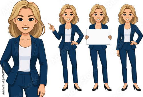 Cartoon illustration of professional businesswoman in navy suit with blonde hair, presenting, pointing, holding sign, and posing confidently for corporate, educational, and marketing use