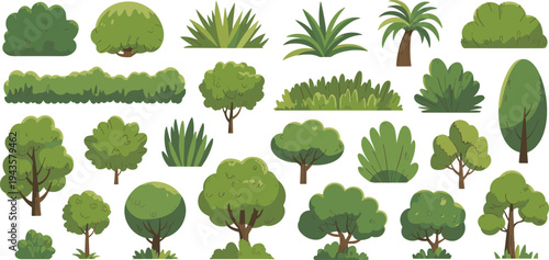 Collection of green trees, bushes and plants in cartoon flat style vector illustration, forest vegetation set isolated for nature design, landscaping elements and eco environment graphics