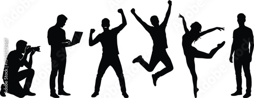 Collection of people silhouettes in different poses including photographer, laptop user, jumping and dancing figures, black vector silhouette set isolated for lifestyle and activity concepts