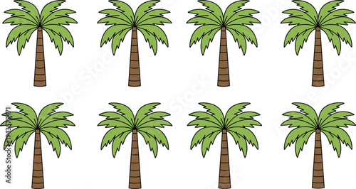 Cartoon palm tree collection in flat vector style, tropical coconut trees isolated set for summer beach design, travel themes, island landscapes and nature illustration