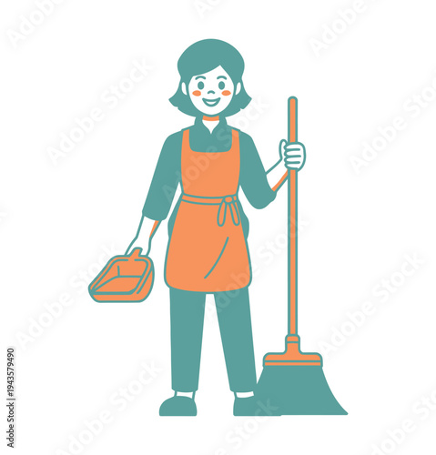 Cleaner holding a broom and dustpan stands ready.