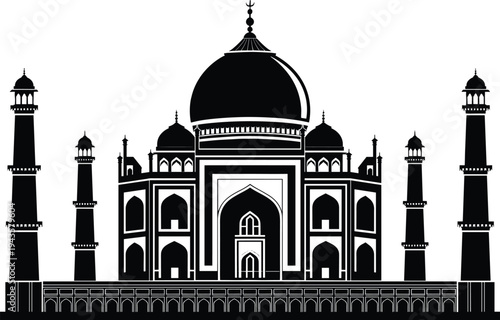 Taj Mahal silhouette vector illustration, famous Indian monument with domes and minarets isolated in black, iconic Mughal architecture landmark for travel and heritage design
