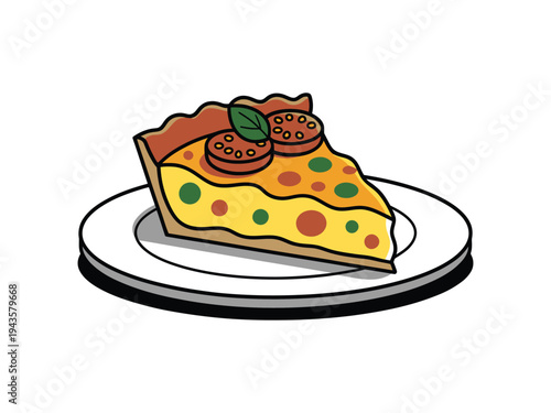 Slice of savory quiche or pie rests upon a white.