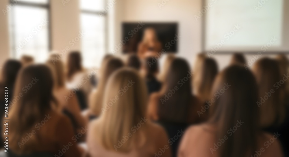 Obraz premium Blurred office background with people in meeting or presentation setting with screen and windows