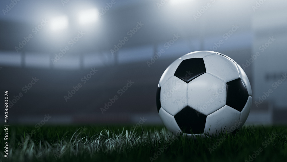 Fototapeta premium Ftooball (soccer ball) under dramatic stadium lights copy space. 3d rendering