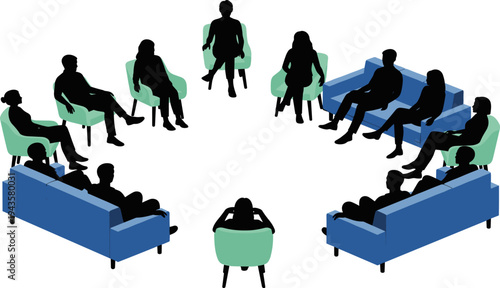 Flat vector illustration of a diverse group of people sitting in a circle on sofas and chairs for a meeting.