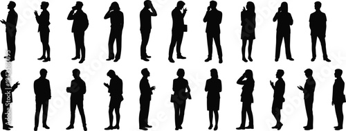 WebFlat vector illustration of business silhouettes standing together, diverse people using mobile phones, corporate communication concept, modern minimal design artwork