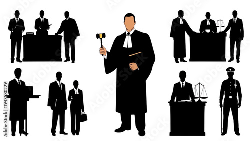 Legal system personnel silhouettes judges, lawyers, and law enforcement figures for justice representation
